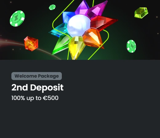 Second deposit bonus up to €500 with glowing crystals