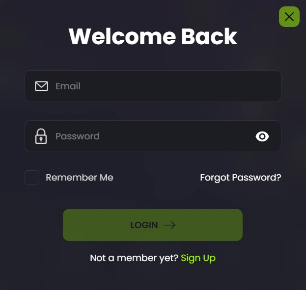 Login screen with email and password fields for returning users