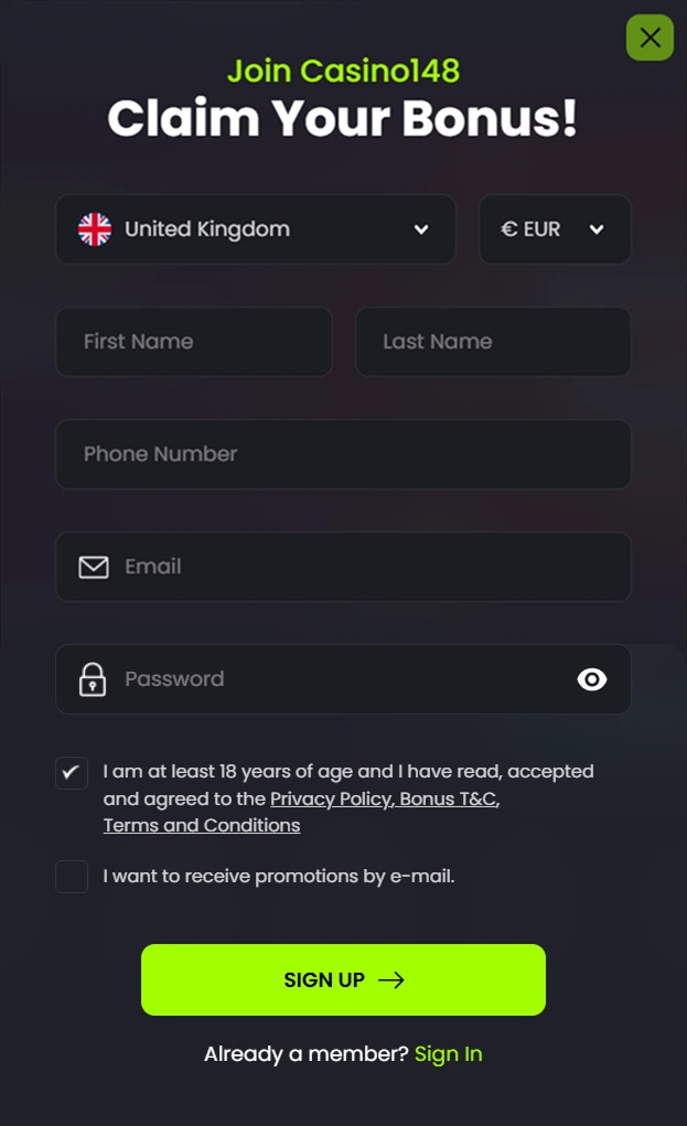 Casino signup form with name, phone, email, and password fields