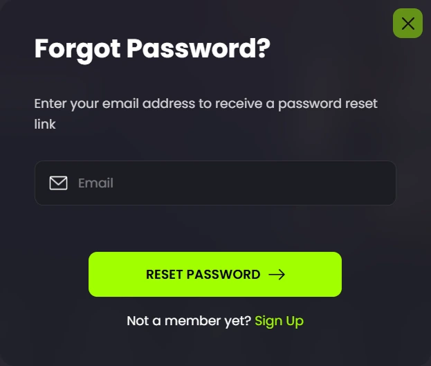 Forgot password screen with email input and reset button