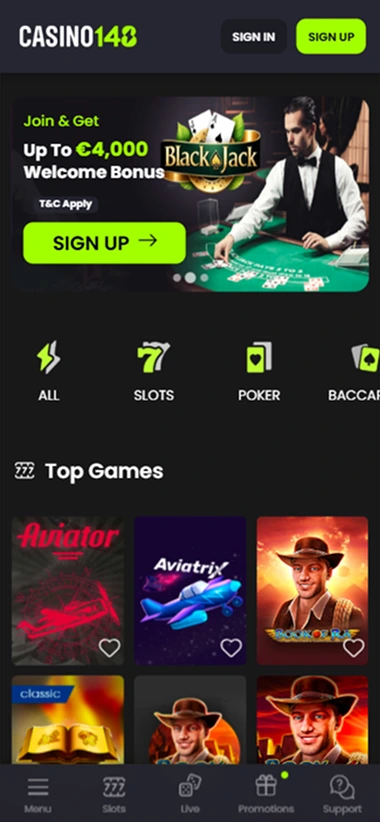 Casino148 mobile screen with Blackjack banner and game categories