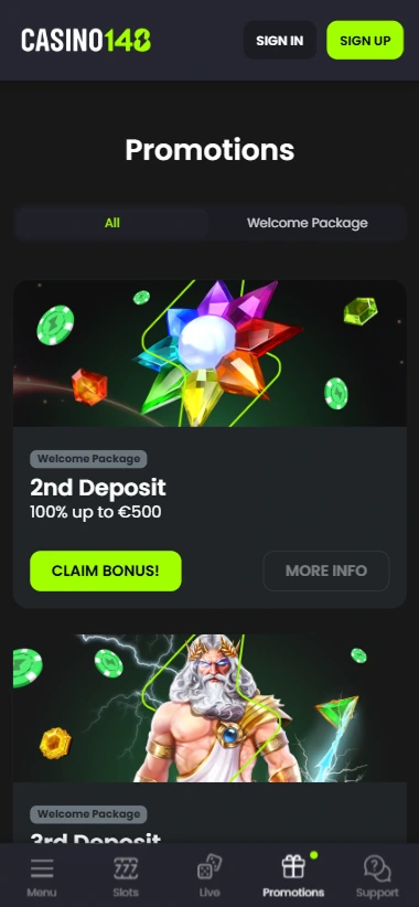 Casino148 promotions view showing 2nd deposit bonus