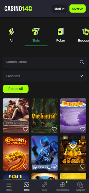 Casino148 mobile slots page with popular games