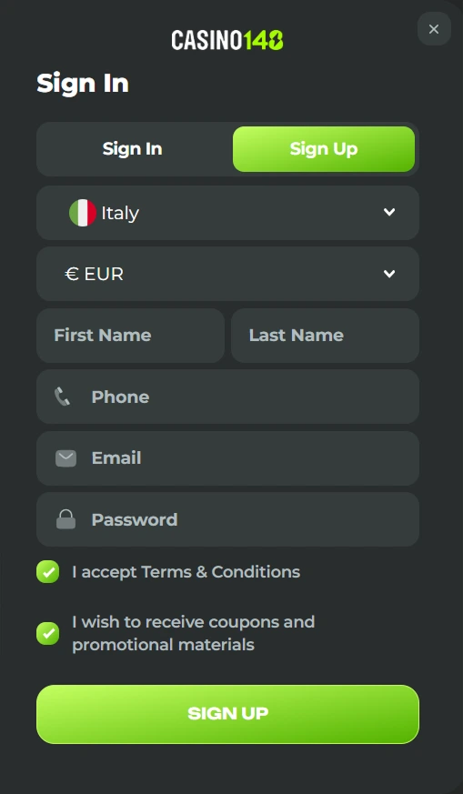 Registrazione Casino148 – modulo d’iscrizione per nuovi utenti in Italia