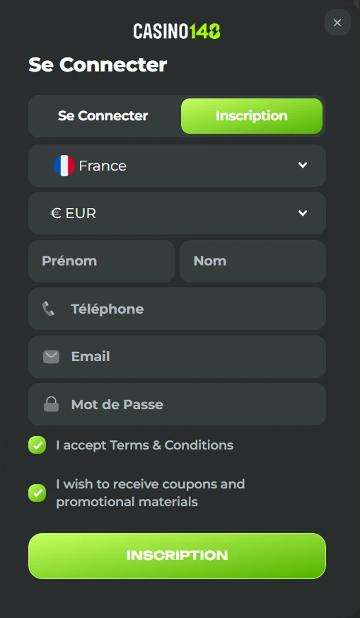 Formulaire d’inscription Casino148 – créer un compte et réclamer le bonus