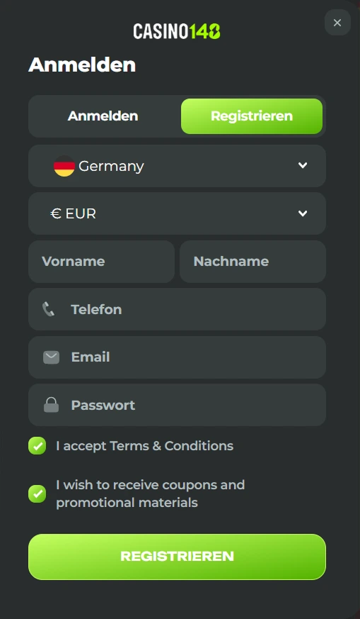 Registrierungsformular im Casino148 – Konto erstellen und Bonus aktivieren