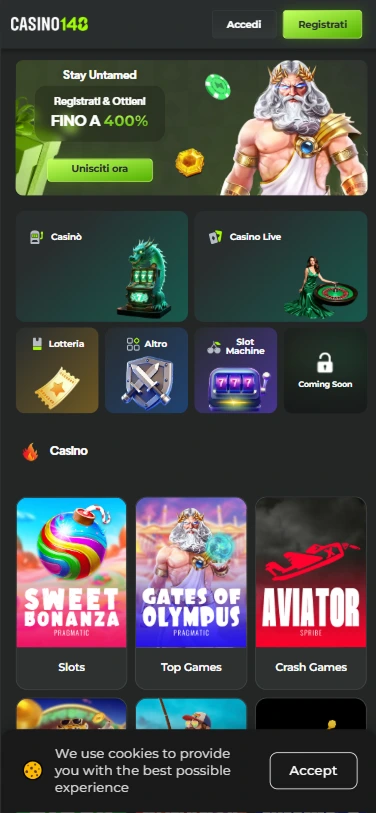 Interfaccia Casino148 – slot machine, live casino e promozioni attive