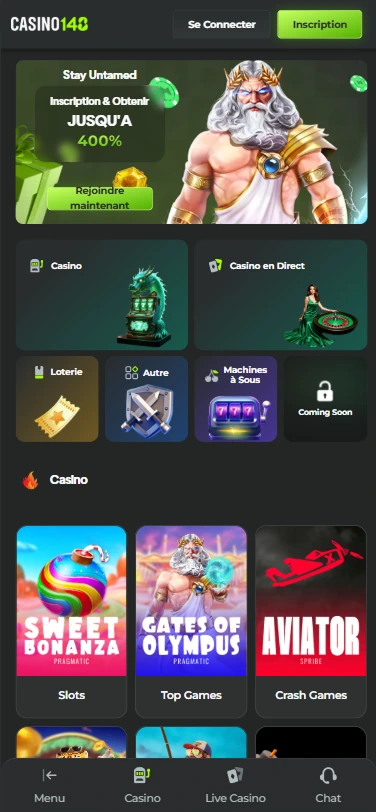 Interface mobile Casino148 – jeux de casino, live casino et promotions actives