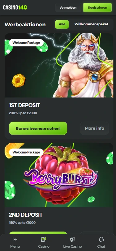 Willkommensbonus 200 % bis 2000 € im Casino148 mit Zeus und Berryburst Slot