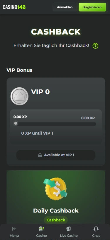 Casino148 Cashback-Seite – tägliche Rückvergütung und VIP Bonus-Übersicht